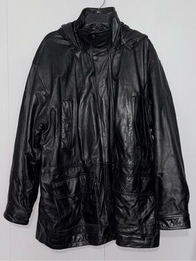 Irvine Park Mens Lrg Reg Black Genuine Leather Hooded Parka Coat Quilted Lined